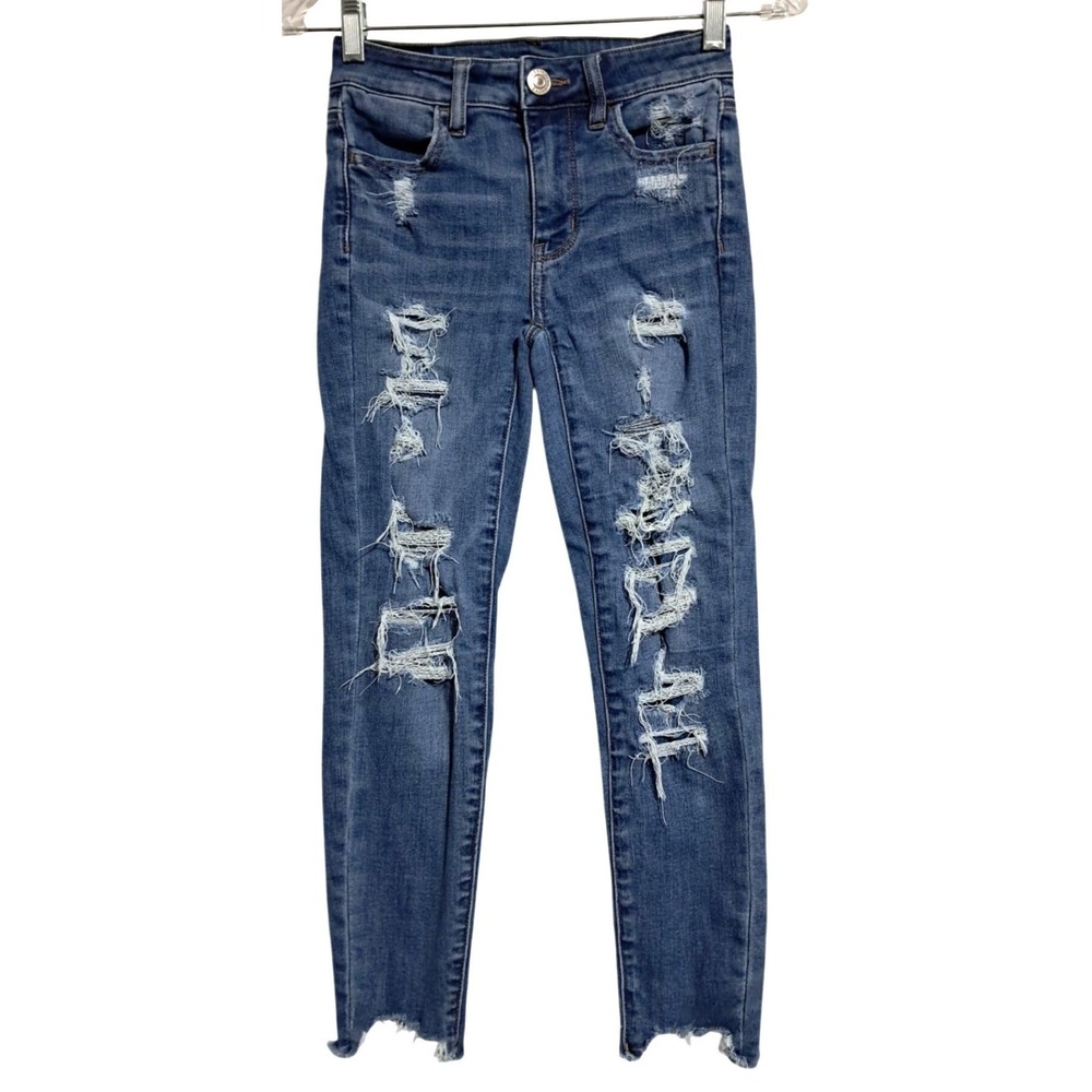 American Eagle‎ Hi-Rise Jegging Crop Women 00 Short Blue Distressed Raw Hem 2455